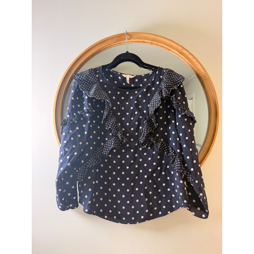 Rebecca Taylor Blouse Womens 8 Navy Blue Excellent Silk Polka Dot Ruffle Top